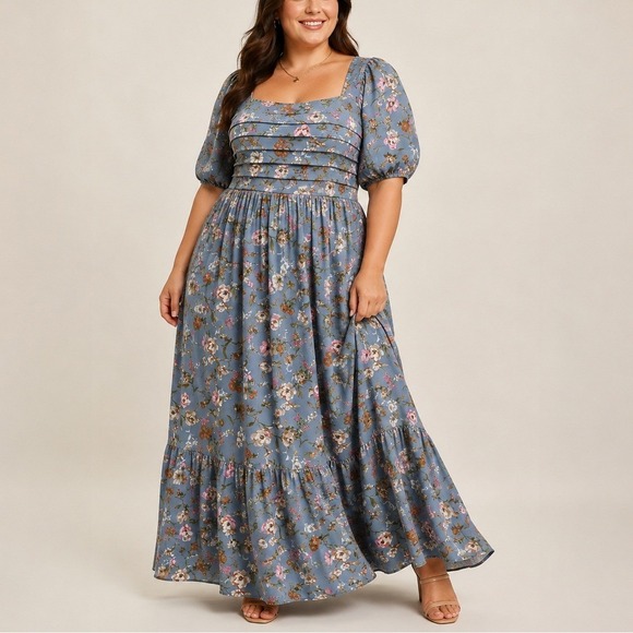 ARULA Dresses & Skirts - Arula Gracia Maxi Dress 2X Blue Floral Puff Sleeve Tiered Smocked Cottagecore
